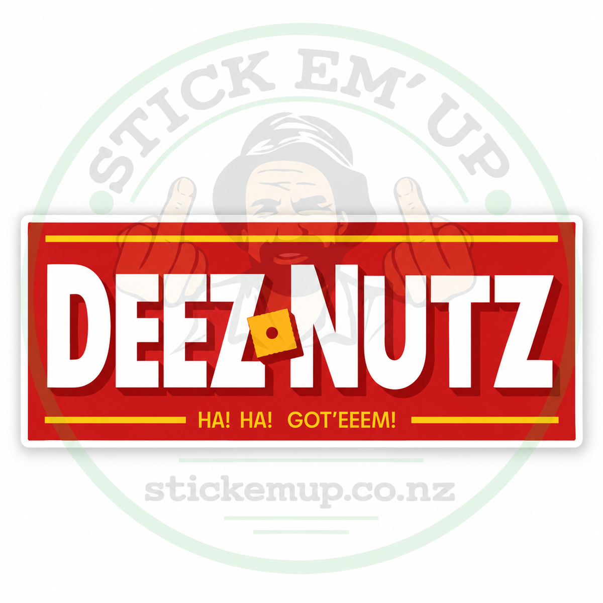 Deez Nutz Red Sticker — 140 × 60 mm quality outdoor vinyl sticker with Stick Em' Up logo watermark
