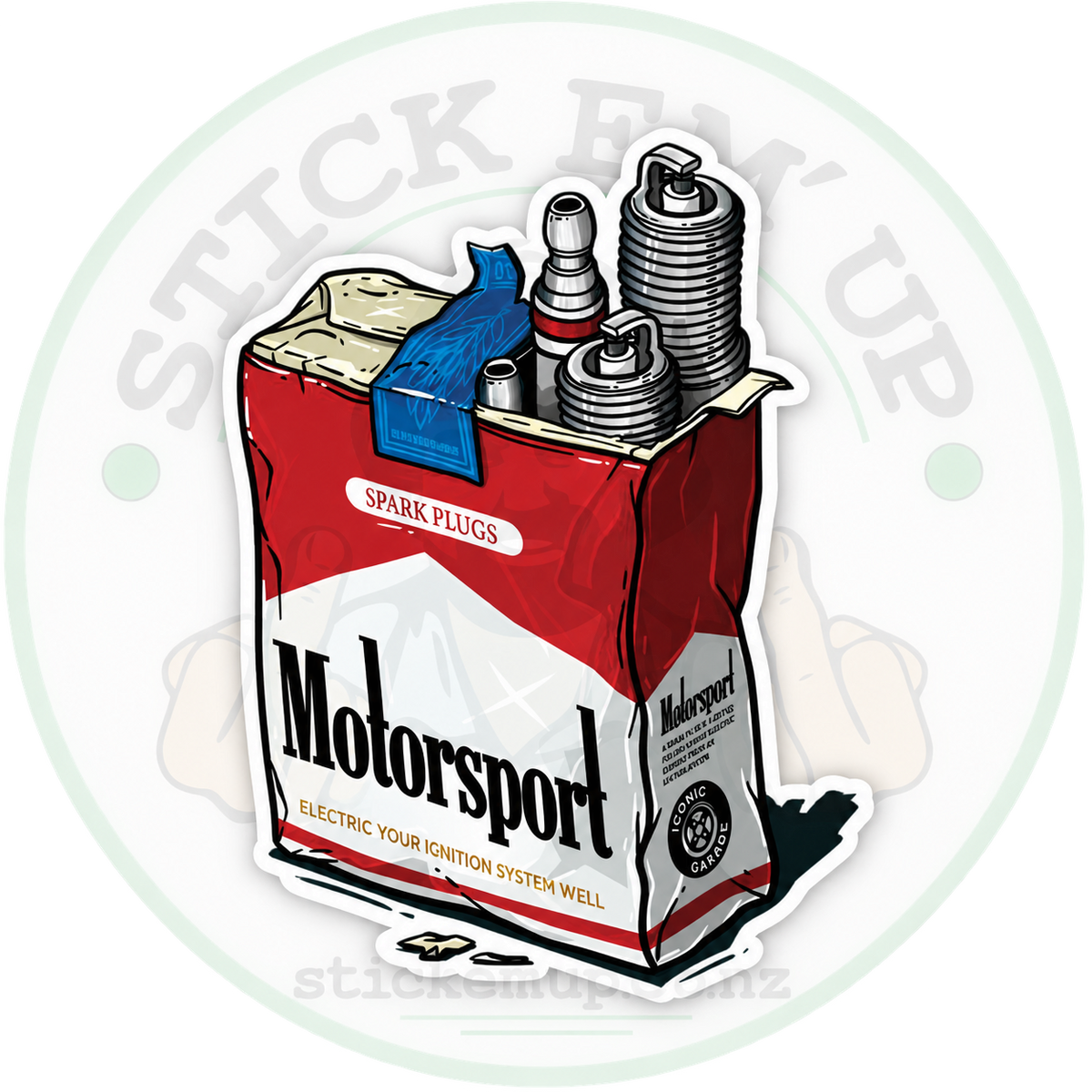 Motorsport Spark Plugs Sticker with Stick Em’ Up logo watermark