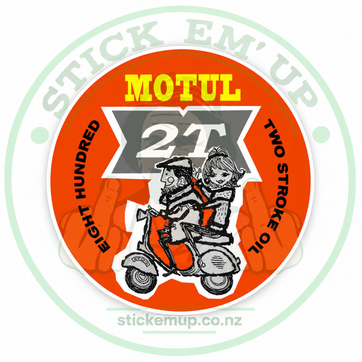 Motul 2T Vintage Scooter Sticker — quality outdoor vinyl, Stick Em' Up logo watermark