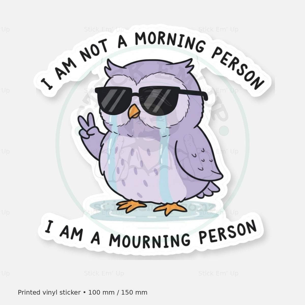 Not a Morning Person Owl Sticker — protected preview with approved Stick Em’ Up watermark