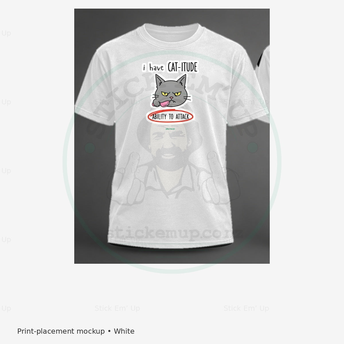 Catitude Ability to Attack T-Shirt — protected preview with approved Stick Em’ Up watermark