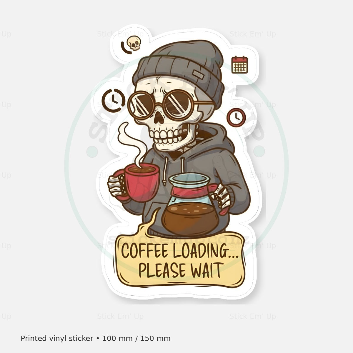Coffee Loading Skeleton Sticker — protected preview with approved Stick Em’ Up watermark