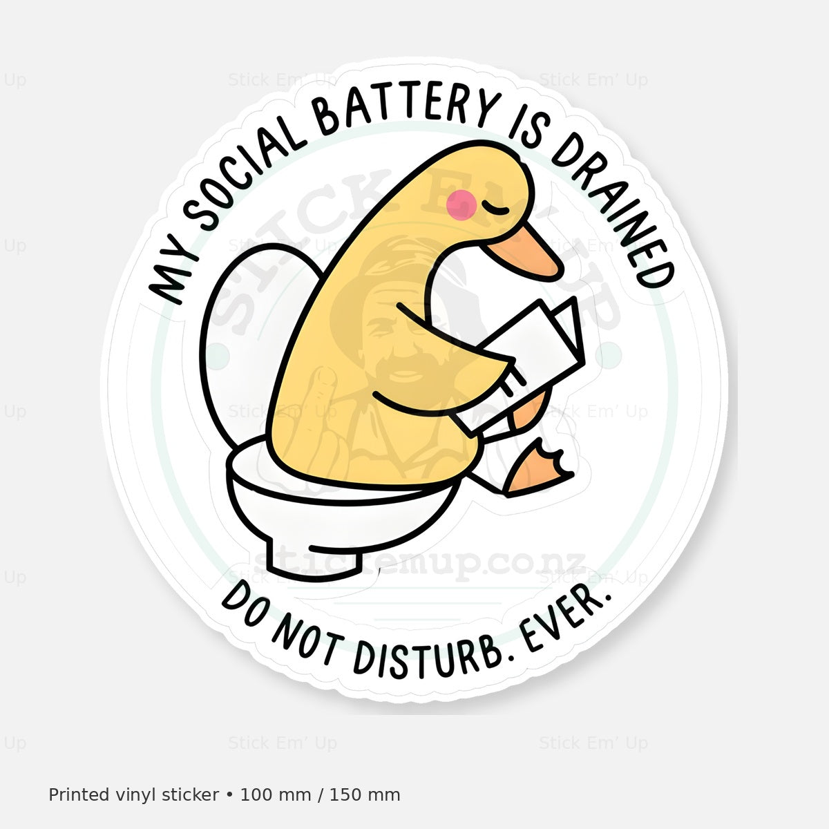 Social Battery Drained Duck Sticker — protected preview with approved Stick Em’ Up watermark