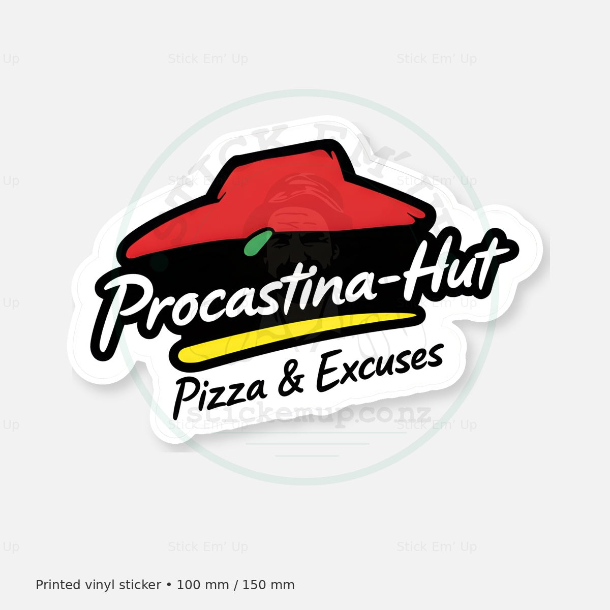 Procrastina Hut Sticker — protected preview with approved Stick Em’ Up watermark