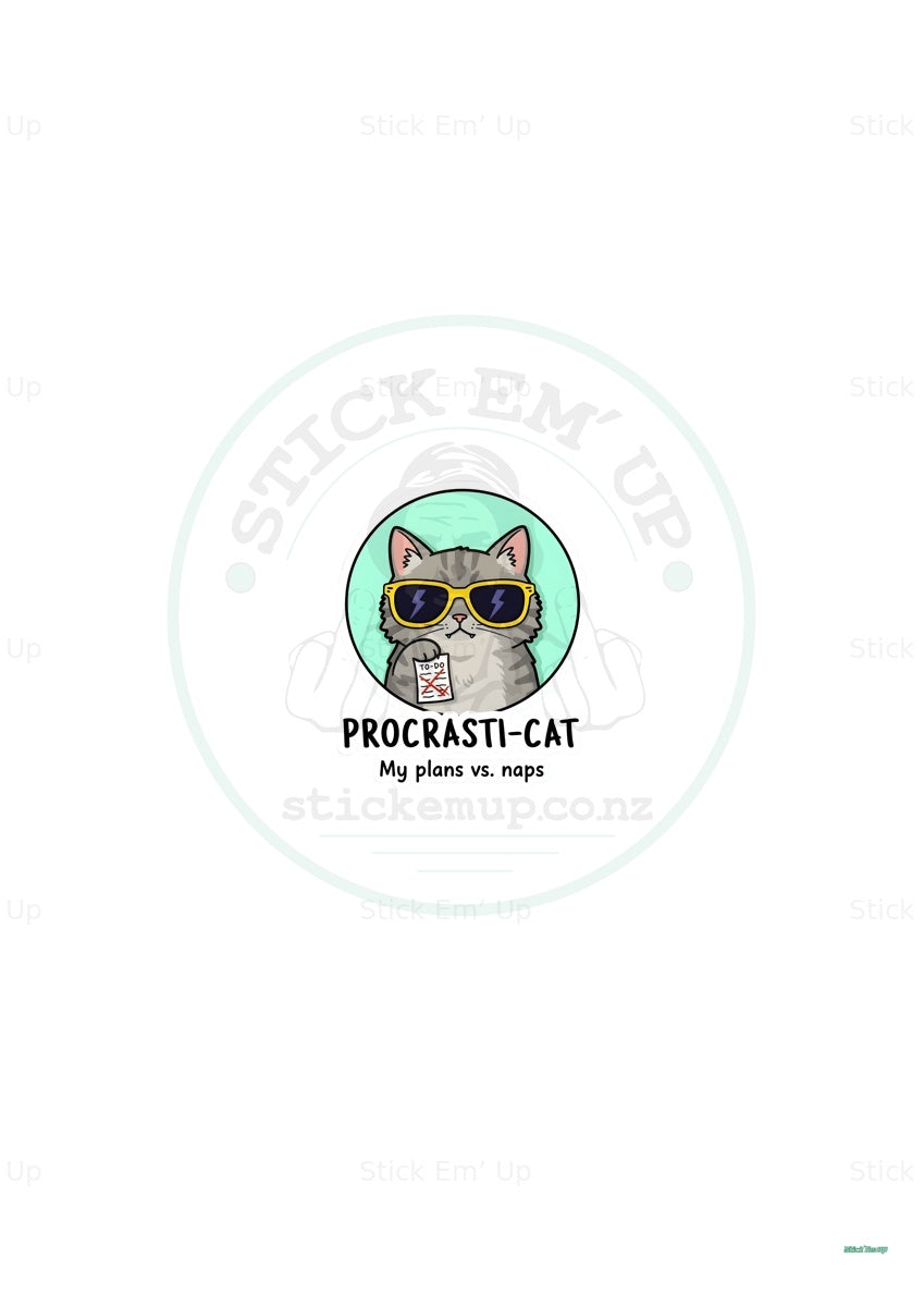 Procrasti Cat Art Print — protected preview with approved Stick Em’ Up watermark