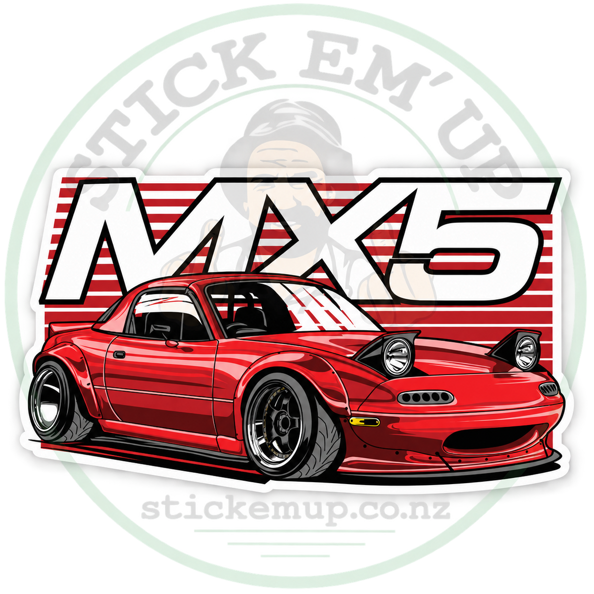 Red Mazda MX-5 Sticker with Stick Em’ Up logo watermark