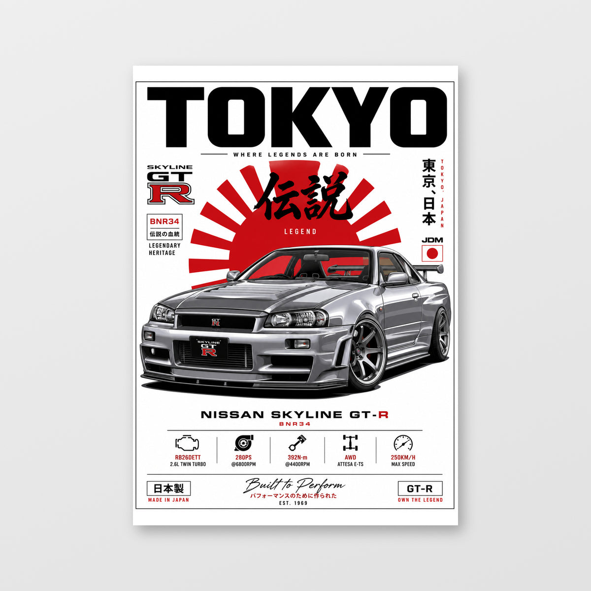 Nissan Skyline GT-R R34 — Tokyo Legend Poster displayed as an unframed wall print