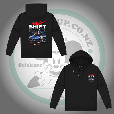 Nissan Skyline GT-R R32 β Night Shift β Black Hoodie β front and back views with matching chest and back prints