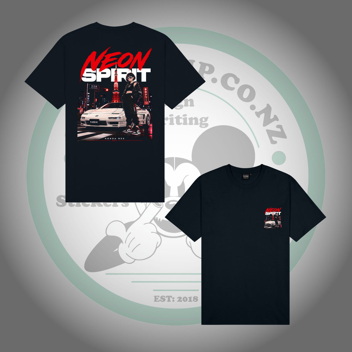Honda NSX — Neon Spirit — Black T-Shirt — large back print and matching small left chest print, full garment front and back