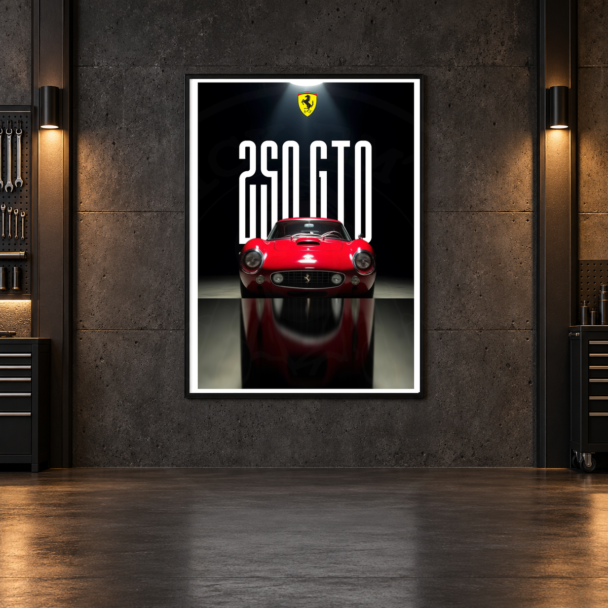 250 GTO classic poster — faint watermarked framed-room mockup; frame not included