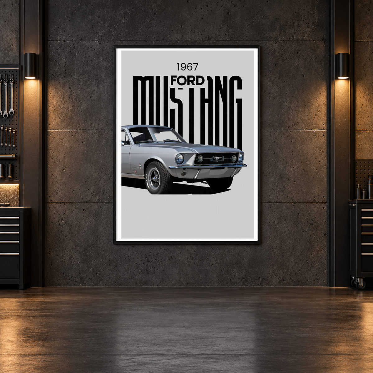 1967 Ford Mustang classic poster — faint watermarked framed-room mockup; frame not included