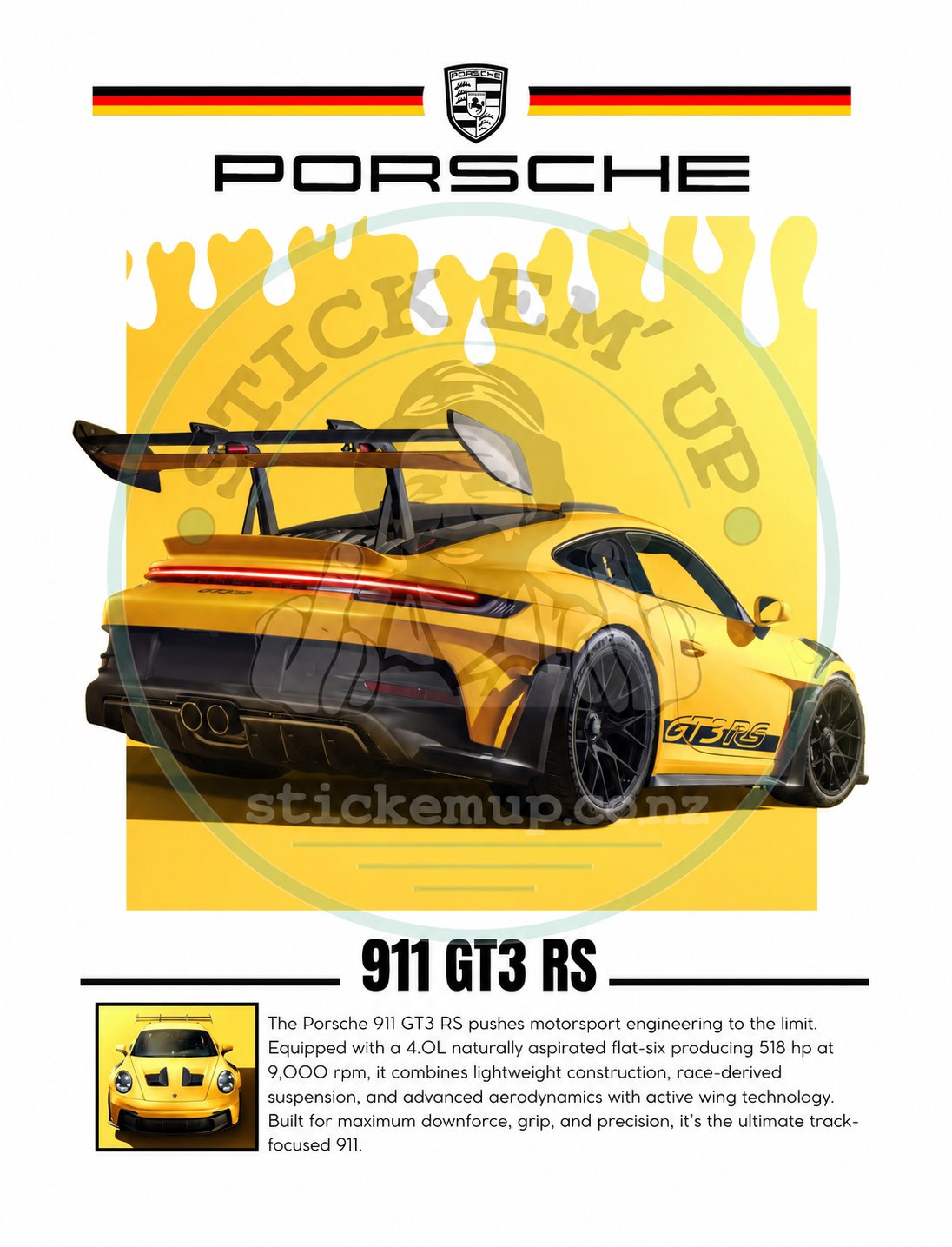 Porsche 911 GT3 RS - Yellow Track Poster
