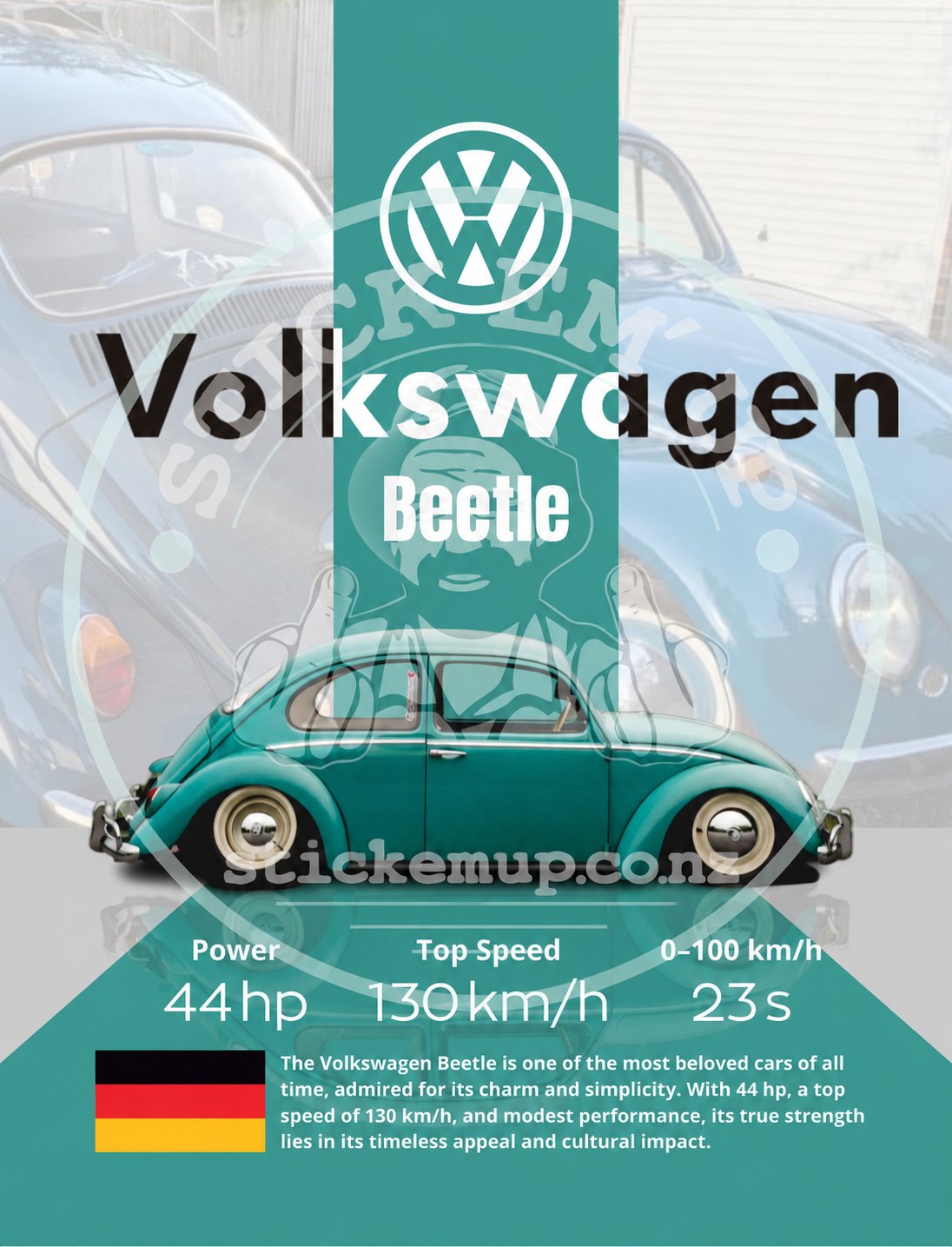 Volkswagen Beetle - Teal Heritage Poster – protected web preview using the Stick Em' Up watermark template; watermark is not printed