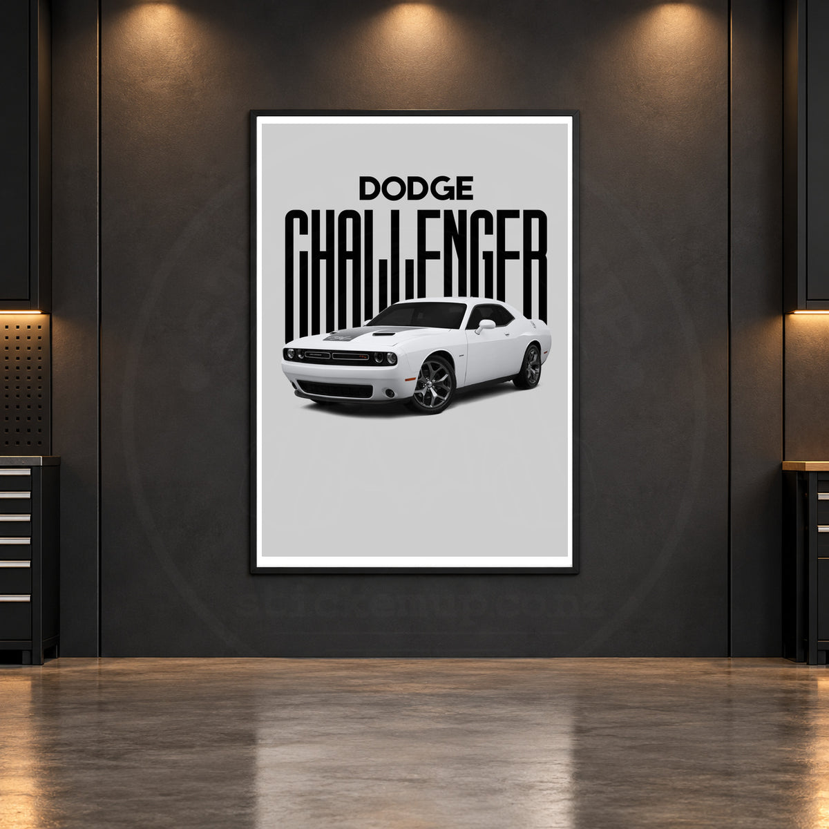 White Dodge Challenger typography poster in a dark garage mockup