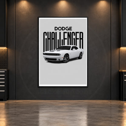 White Dodge Challenger typography poster in a dark garage mockup