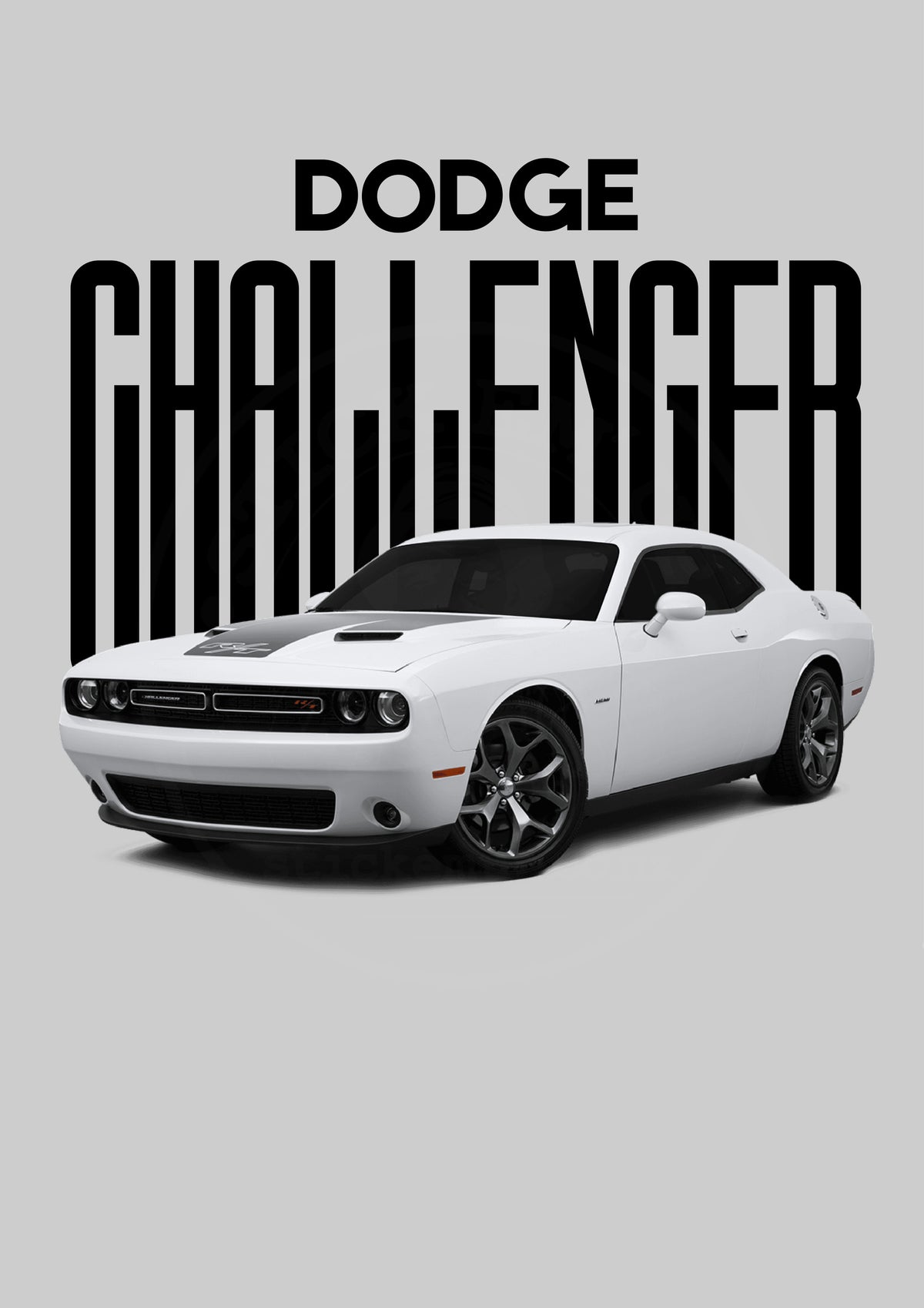White Dodge Challenger muscle car typography poster artwork with a very faint preview watermark