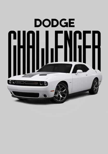 White Dodge Challenger muscle car typography poster artwork with a very faint preview watermark