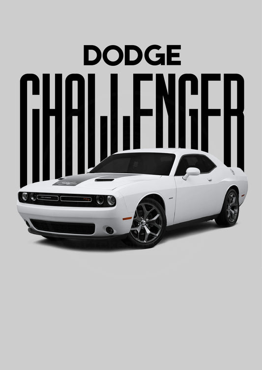 White Dodge Challenger muscle car typography poster artwork with a very faint preview watermark