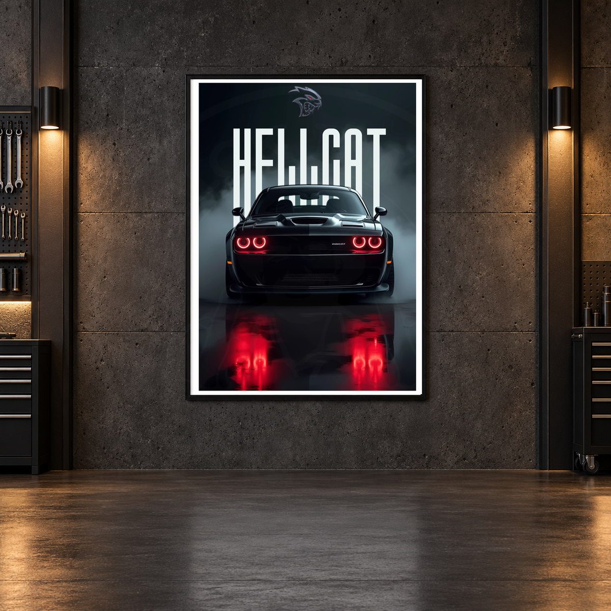Dodge Hellcat dark typography poster — faint watermarked framed-room mockup; frame not included