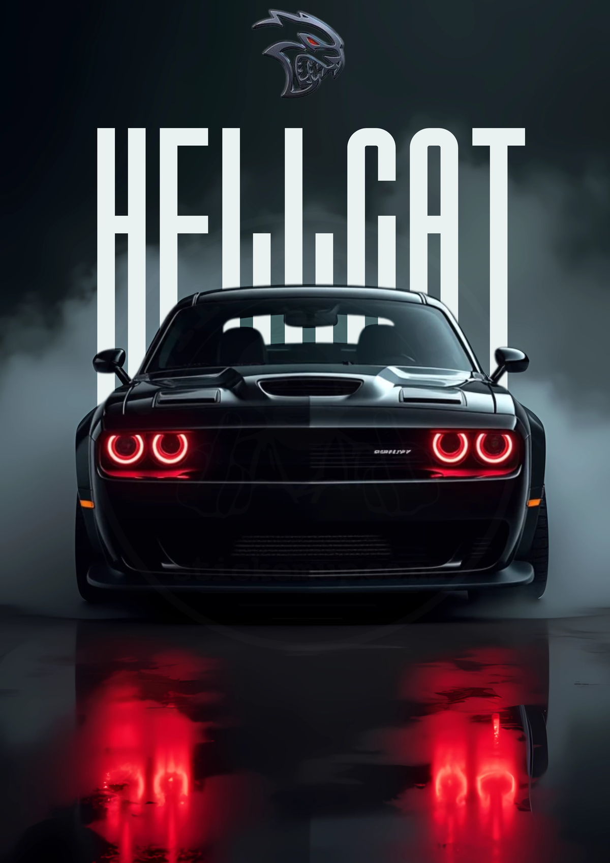 Dodge Hellcat dark typography poster — faint watermarked artwork preview; unframed print