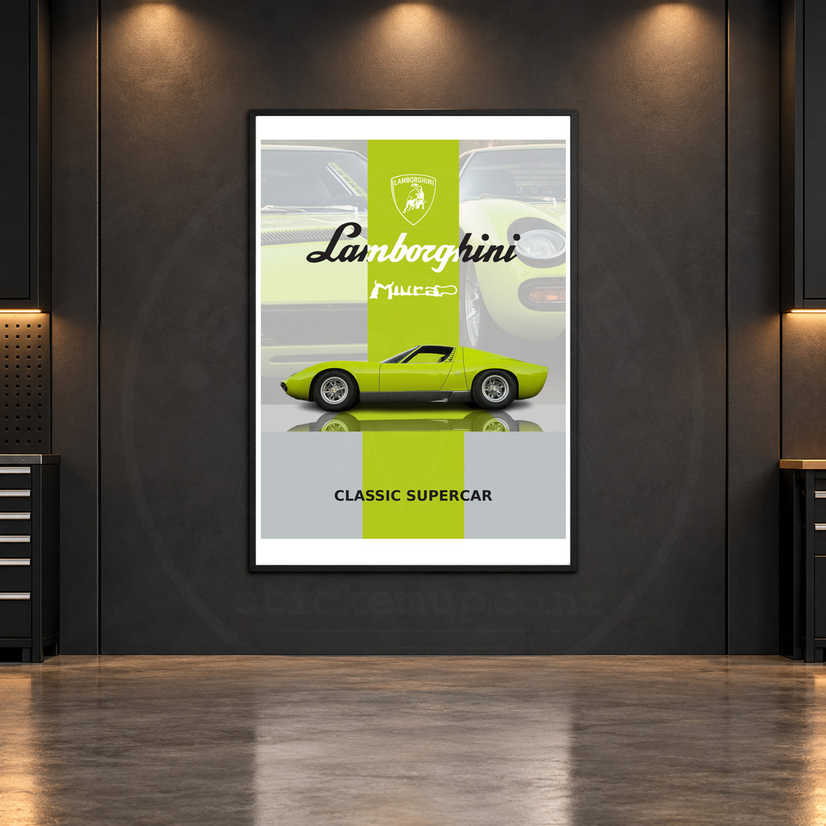 Lamborghini Miura lime classic poster in a dark garage mockup