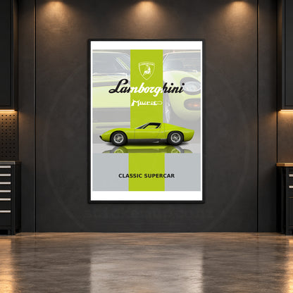 Lamborghini Miura lime classic poster in a dark garage mockup