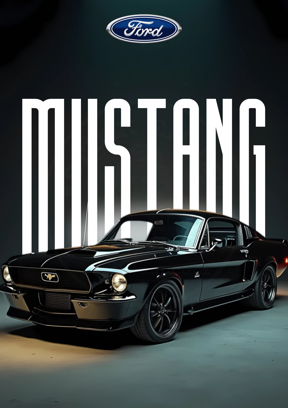 Ford Mustang — Black Classic Poster — faint watermarked artwork preview; unframed print