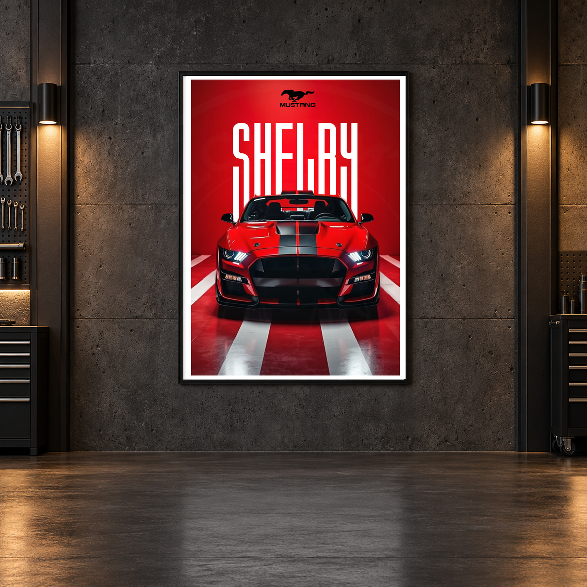 Ford Mustang Shelby red typography poster — faint watermarked framed-room mockup; frame not included
