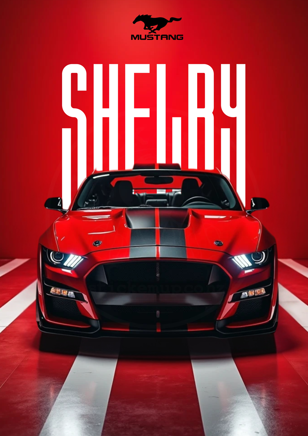 Ford Mustang Shelby red typography poster — faint watermarked artwork preview; unframed print