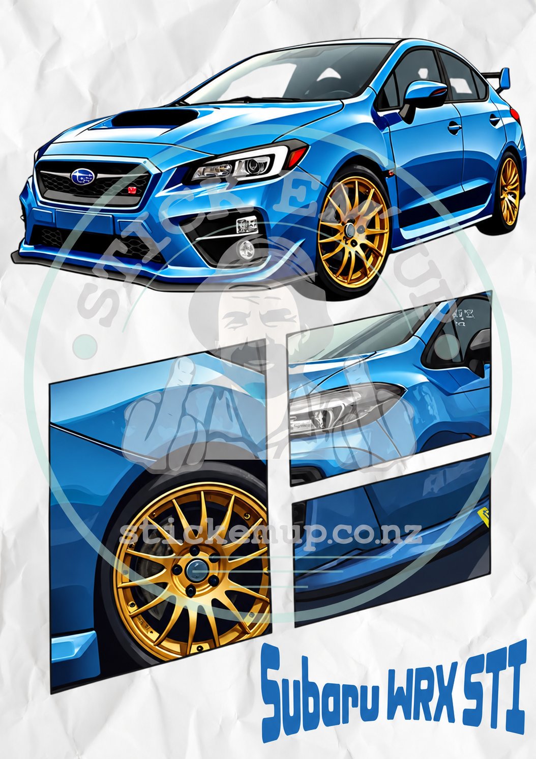 Subaru WRX STI - Blue Collage Poster – protected web preview using the Stick Em' Up watermark template; watermark is not printed