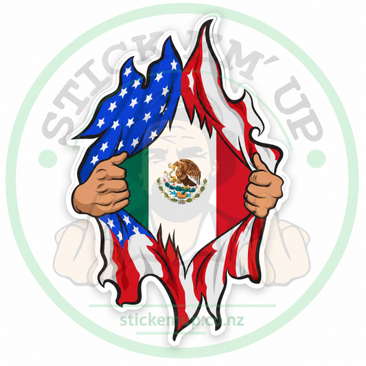 American and Mexican Ripped Flag Sticker — quality outdoor vinyl, Stick Em' Up logo watermark