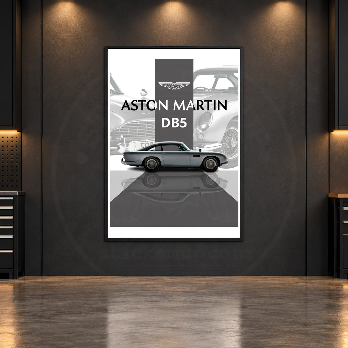 Aston Martin DB5 Silver Heritage poster room mockup, faintly watermarked