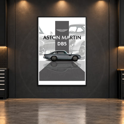 Aston Martin DB5 Silver Heritage poster room mockup, faintly watermarked