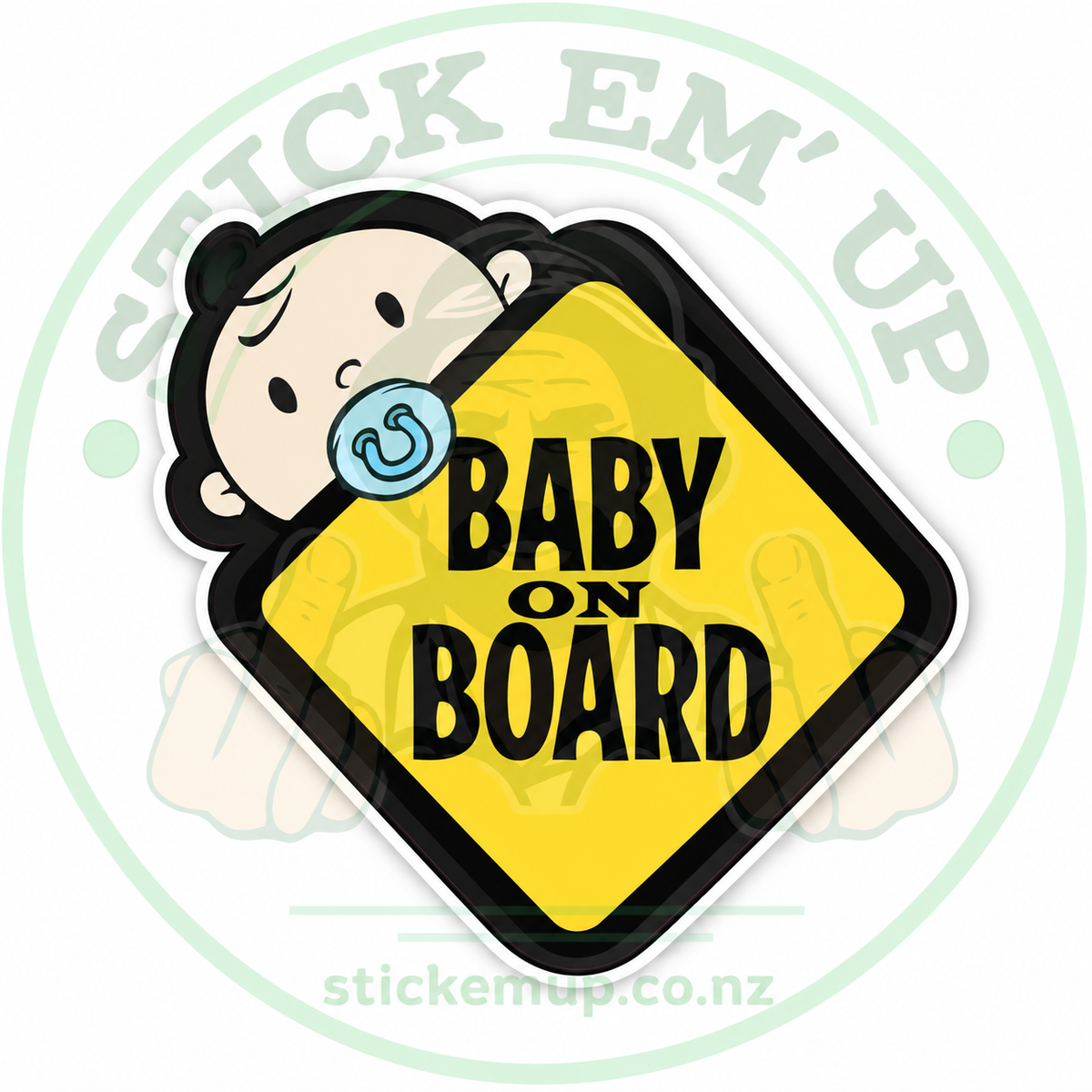 Baby on Board Yellow Sign Sticker — Stick Em’ Up logo-watermarked preview