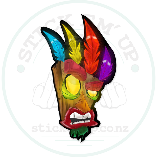 Bandicoot mask sticker with cut-contour shadow and faint Stick Em’ Up watermark