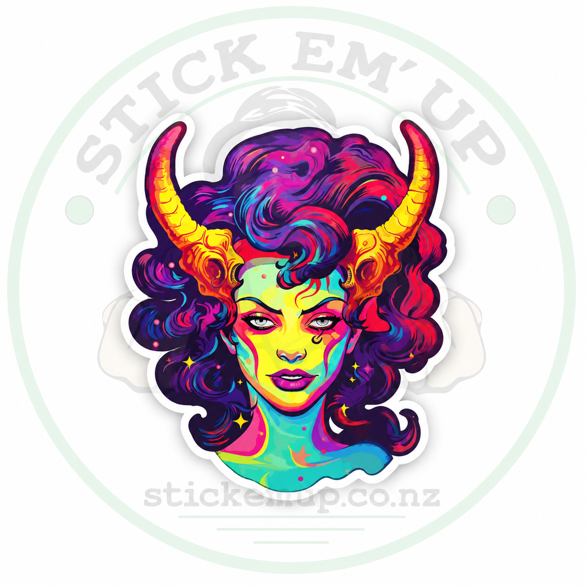 Colourful Demon Portrait Sticker — 86 × 105 mm quality outdoor vinyl sticker with Stick Em' Up logo watermark