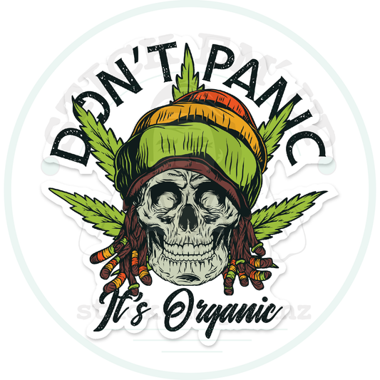 Don't Panic It's Organic Skull Sticker – sticker cut contour and Stick Em’ Up watermark