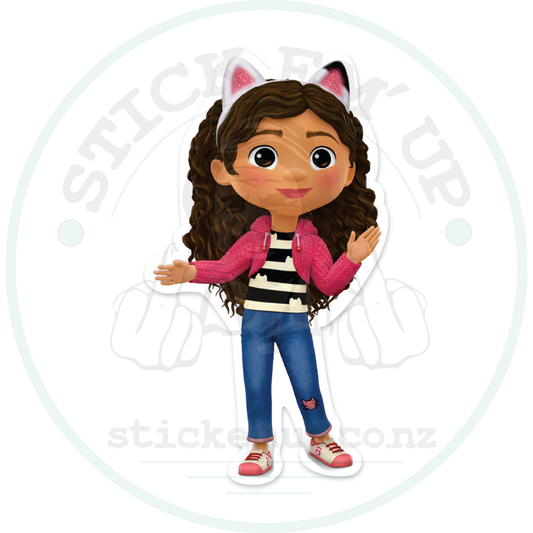 Gabby sticker with cut-contour shadow and faint Stick Em’ Up watermark