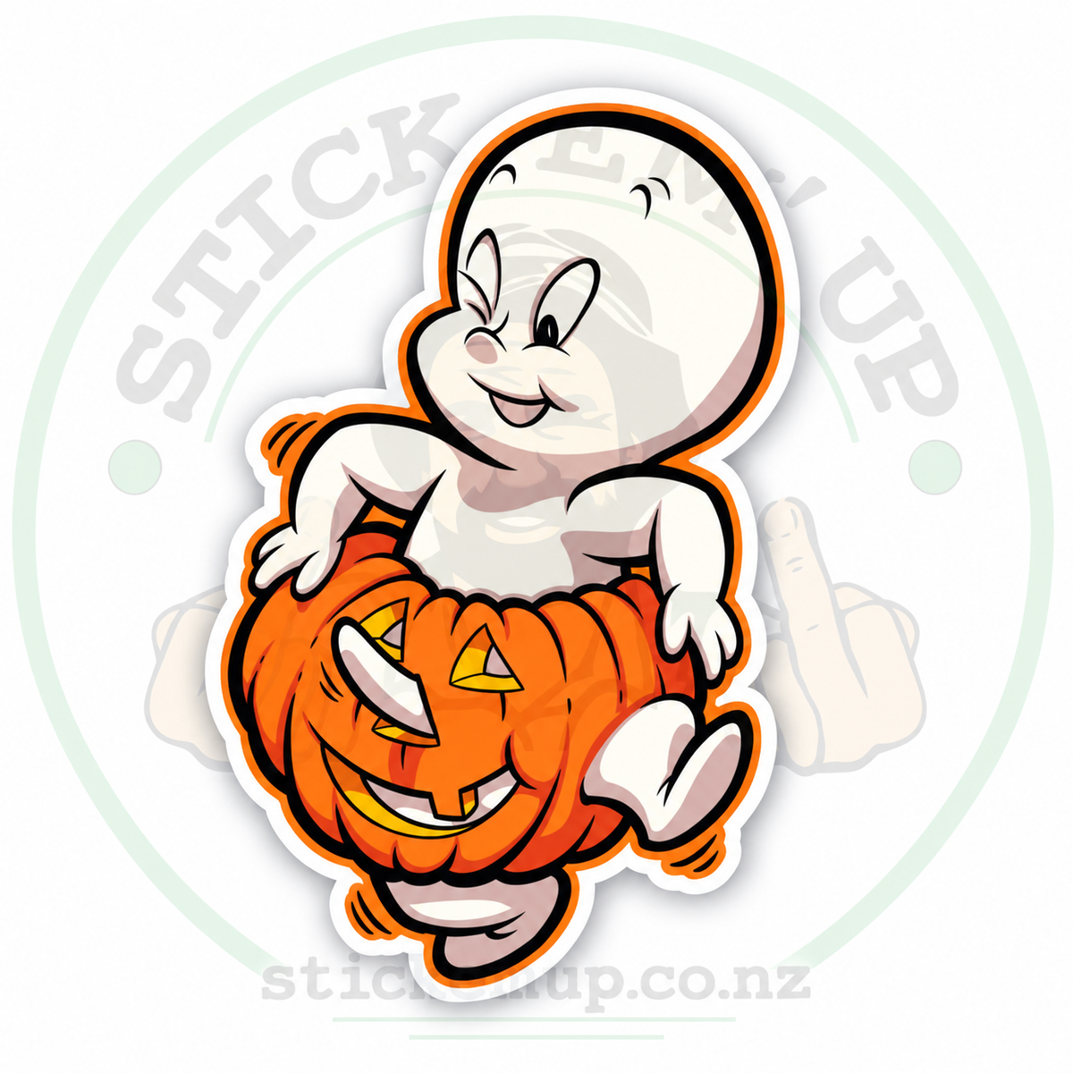 Ghost and Pumpkin Halloween Sticker — 97 × 150 mm quality outdoor vinyl sticker with Stick Em' Up logo watermark