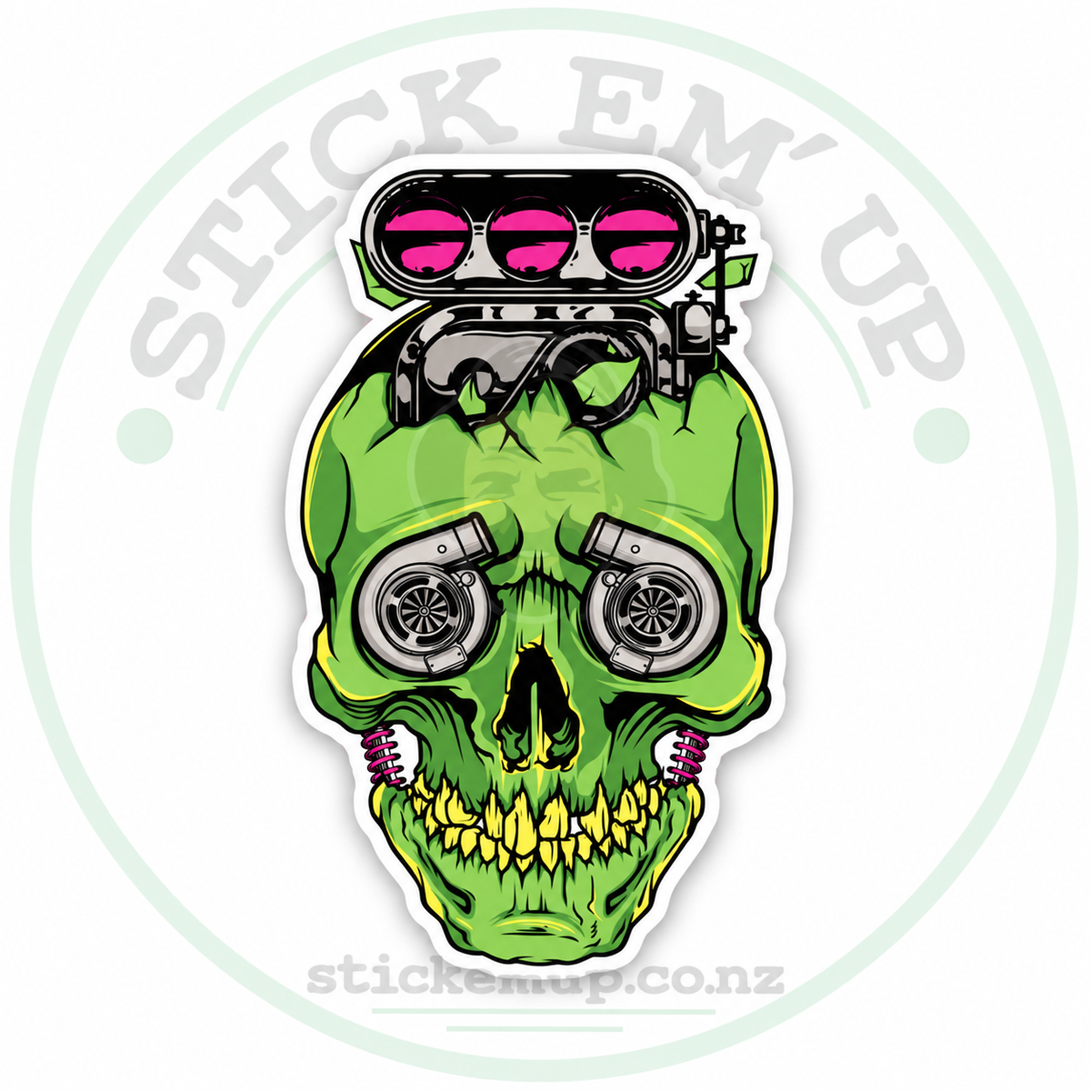 Green Turbo Skull Sticker with Stick Em’ Up logo watermark