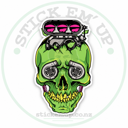 Green Turbo Skull Sticker with Stick Em’ Up logo watermark