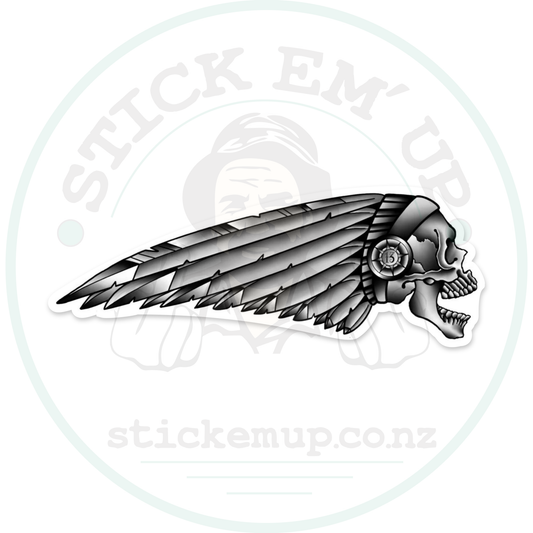 Indian B&w sticker with cut-contour shadow and faint Stick Em’ Up watermark