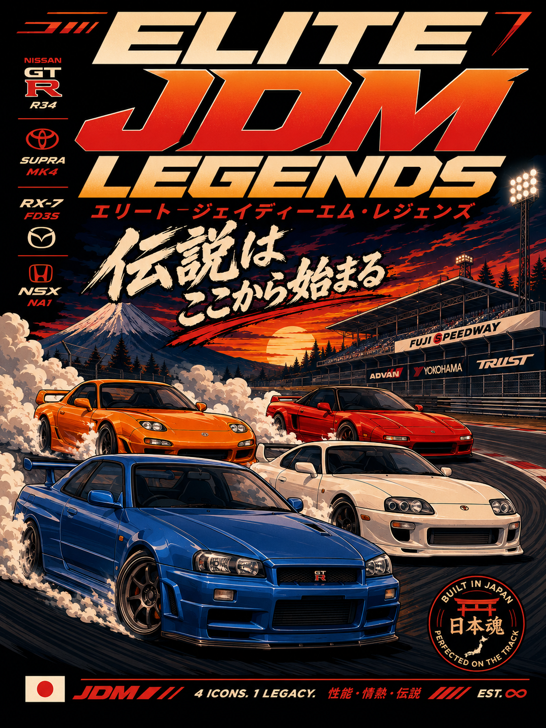 Elite JDM Legends — Four-Car Lineup Poster original artwork