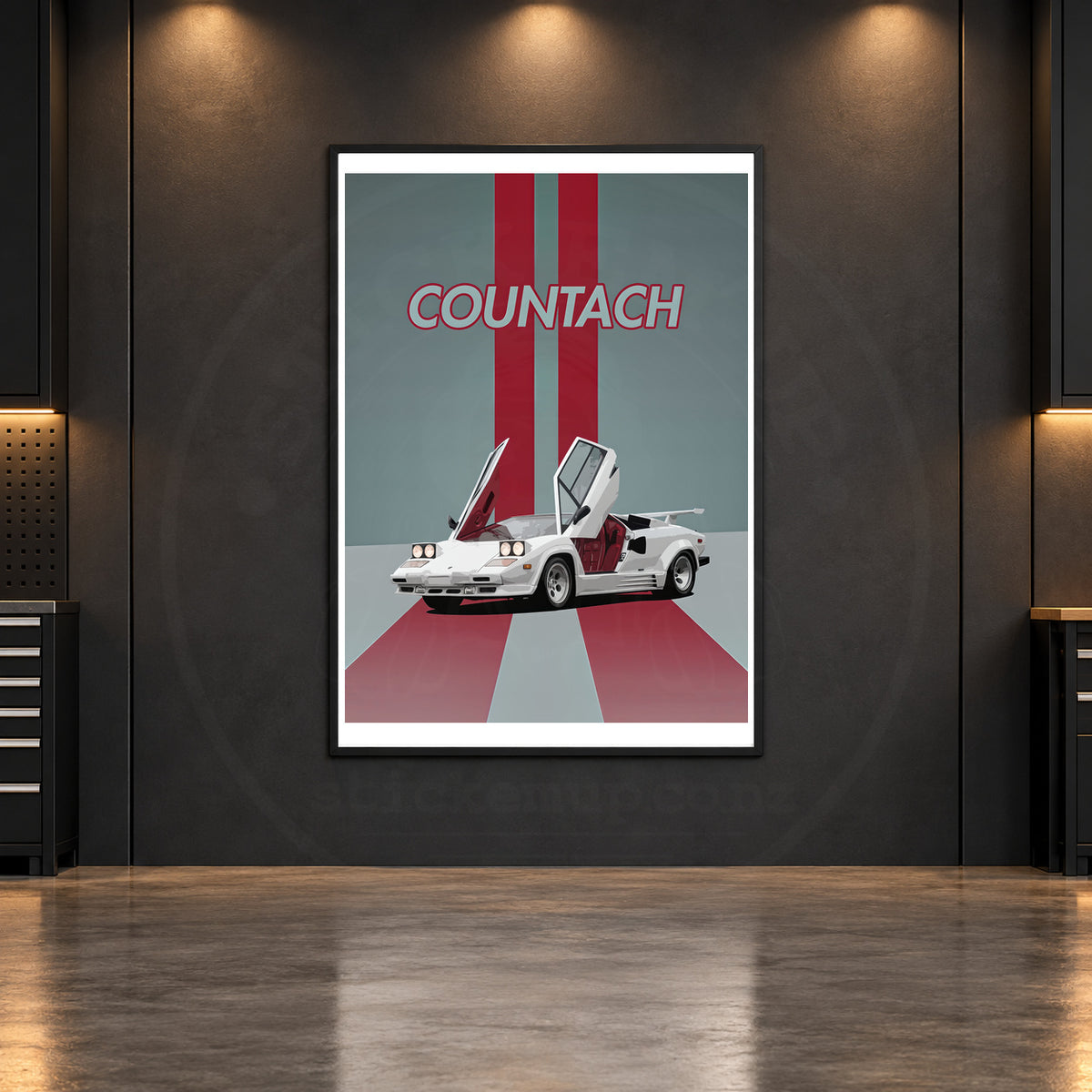 Lamborghini Countach white stripe poster in an illustrative room mockup