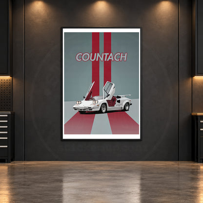 Lamborghini Countach white stripe poster in an illustrative room mockup