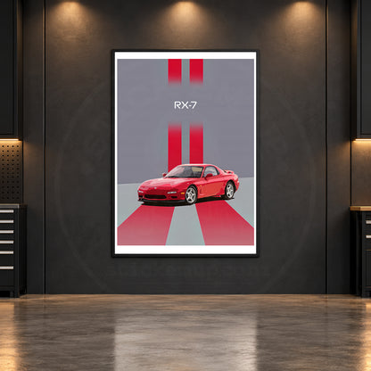 Mazda RX-7 red stripe poster in an illustrative room mockup