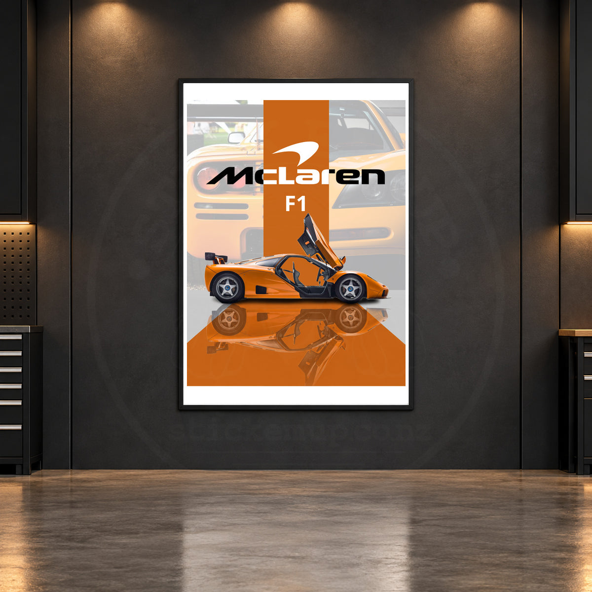 McLaren F1 Orange Heritage poster room mockup, faintly watermarked