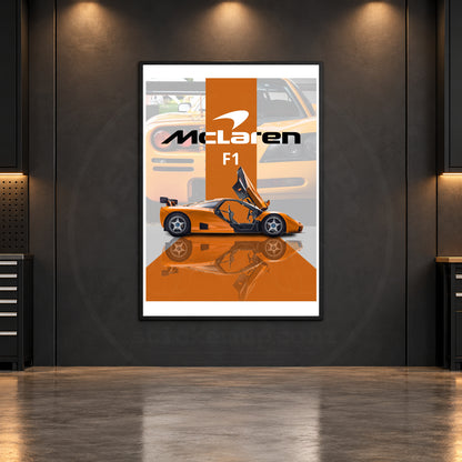 McLaren F1 Orange Heritage poster room mockup, faintly watermarked