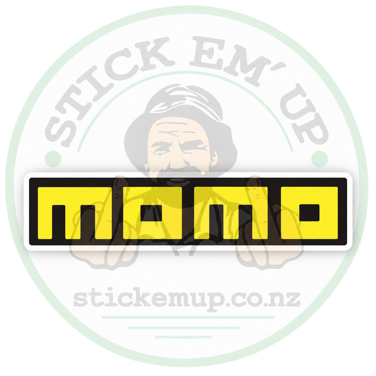 Momo Logo Sticker with Stick Em’ Up logo watermark