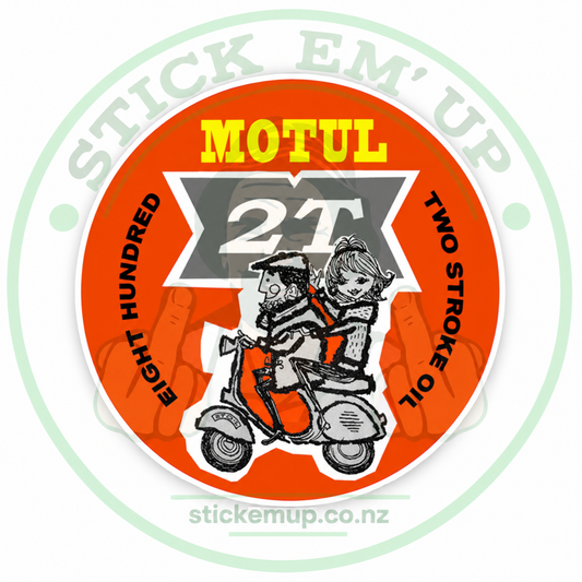 Motul 2T Vintage Scooter Sticker — quality outdoor vinyl, Stick Em' Up logo watermark